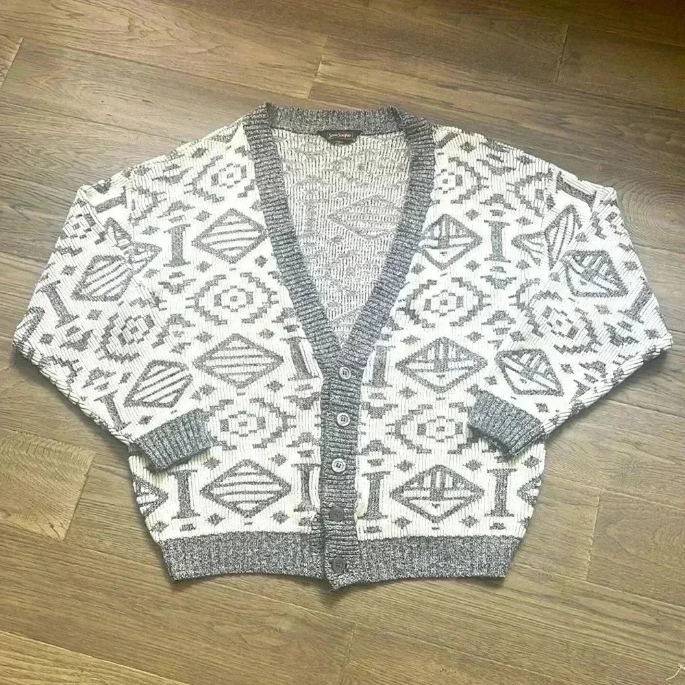 Serge Saint Yves | Vintage grey and white patterned knit sweater cardigan